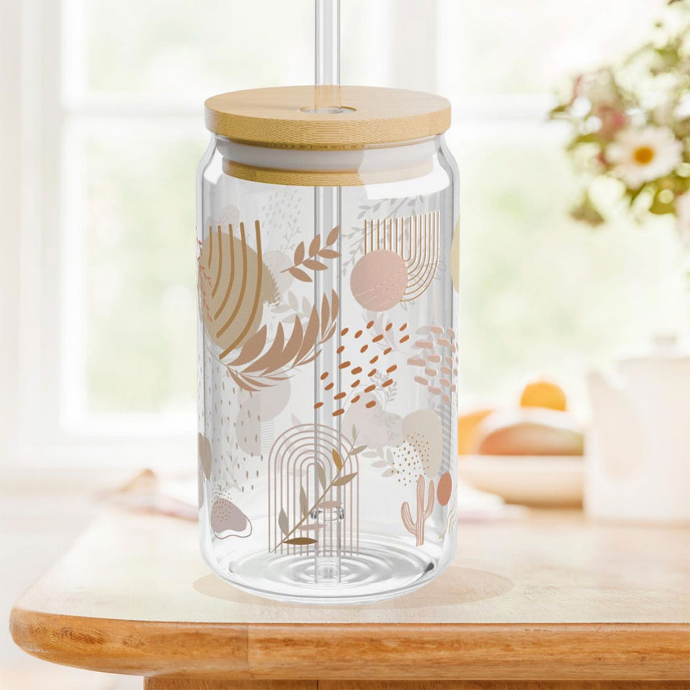 Abstract Desert Dreams in Neutrals – Boho Clear Glass Can ()