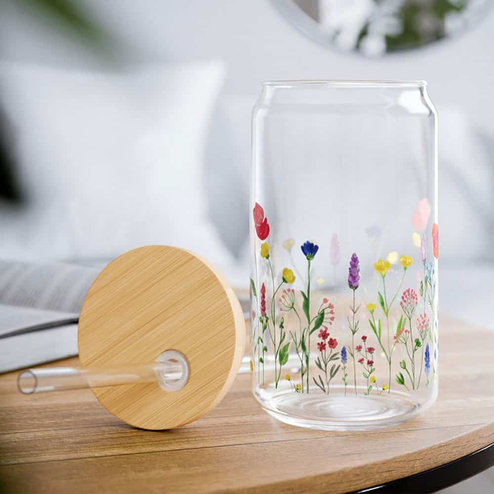 Blooming Wildflower Field – Boho Clear Glass Can ()