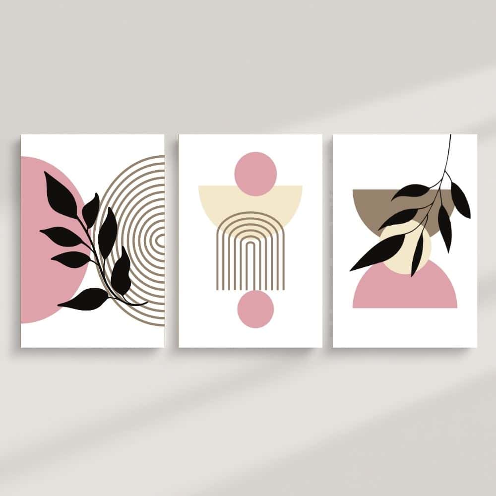 Blush Geometry & Leaf Silhouettes – Boho Canvas Wall Art ()