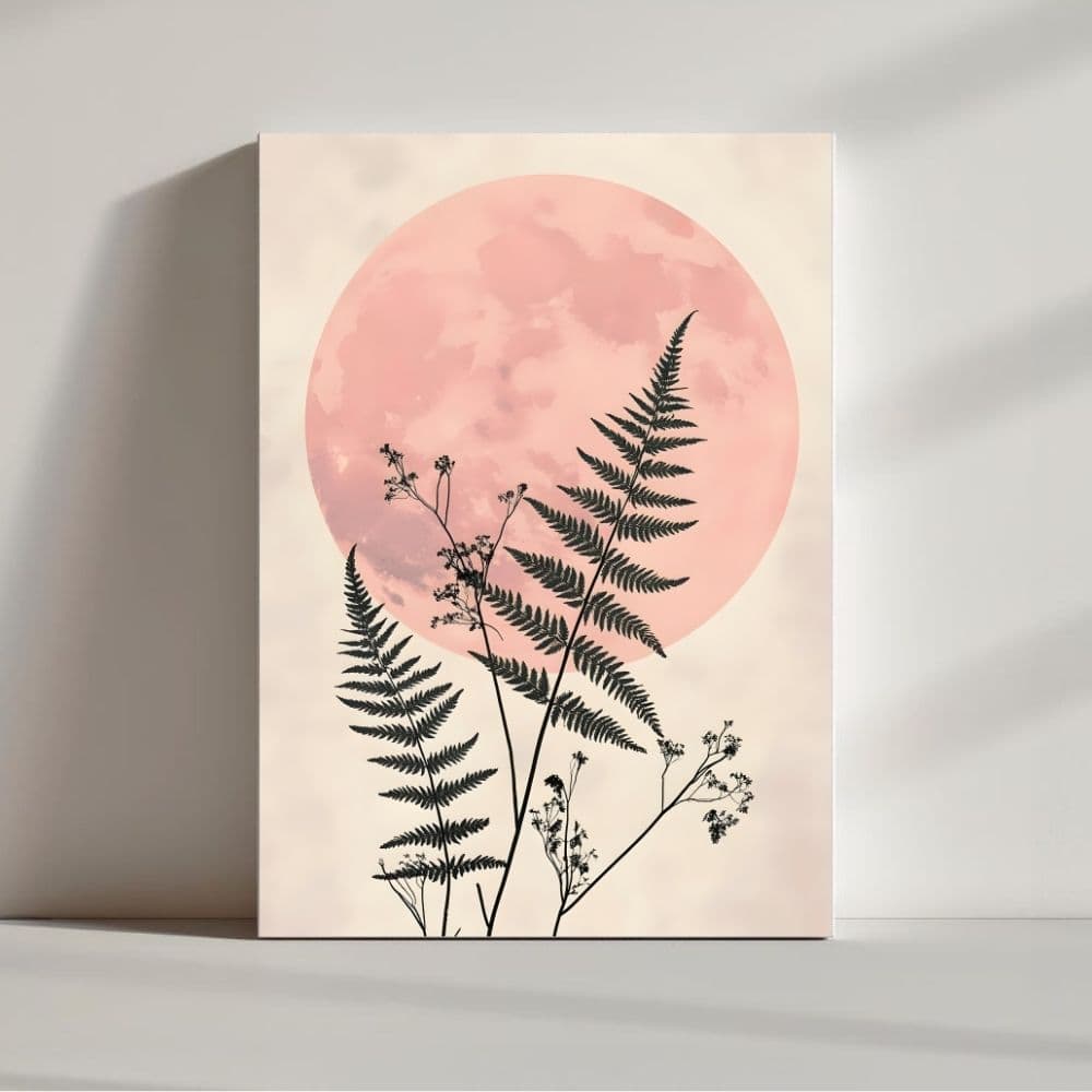 Blush Moon & Fern Silhouette – Boho Canvas Wall Art ()