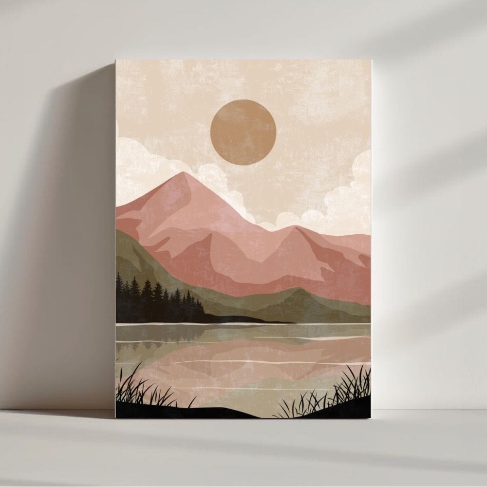 Blush Mountains & Reflections – Boho Landscape Canvas Art ()