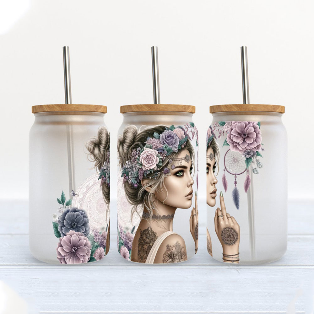 Boho Rebel with Floral Crown & Ink – Boho Clear Glass Can