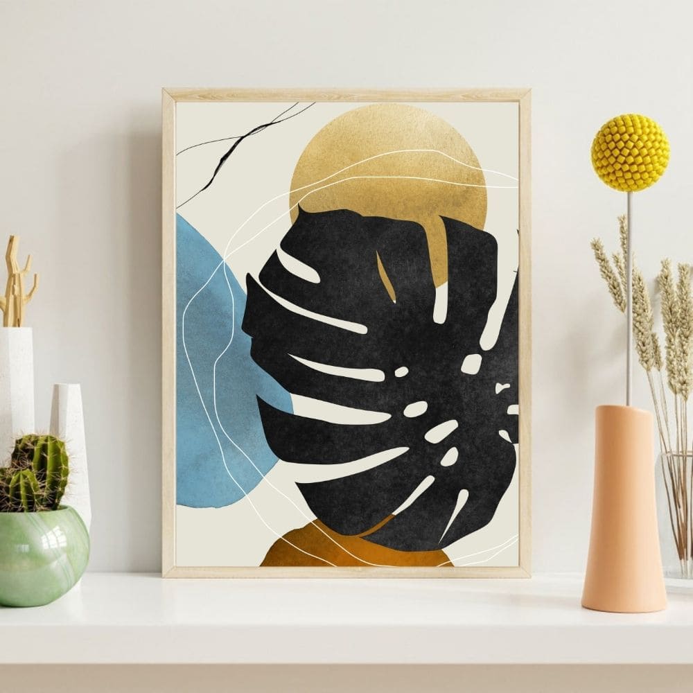 Bold Monstera Leaf with Earthy Abstracts – Boho Canvas Wall Art ()
