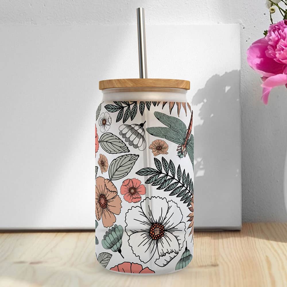 Botanical Sketch & Garden Bloom – Boho Clear Glass Can ()