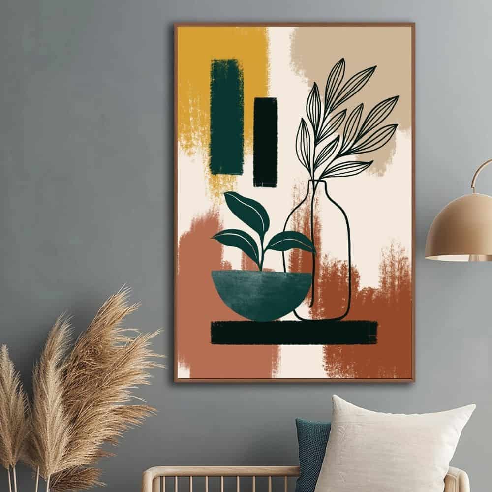 Botanical Vessels on Textured Brushstrokes – Boho Canvas Wall Art ()