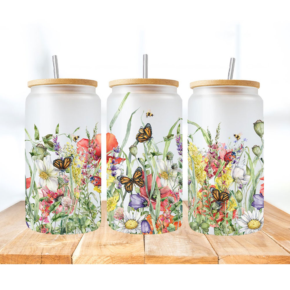 Butterflies in a Blooming Meadow – Boho Clear Glass Can ()
