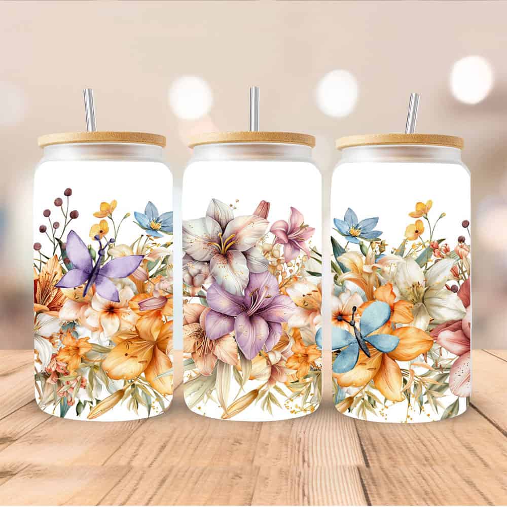 Butterfly Garden & Blooming Lilies – Boho Clear Glass Can ()