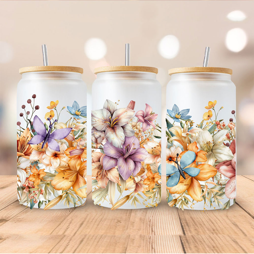 Butterfly Garden & Blooming Lilies – Boho Clear Glass Can