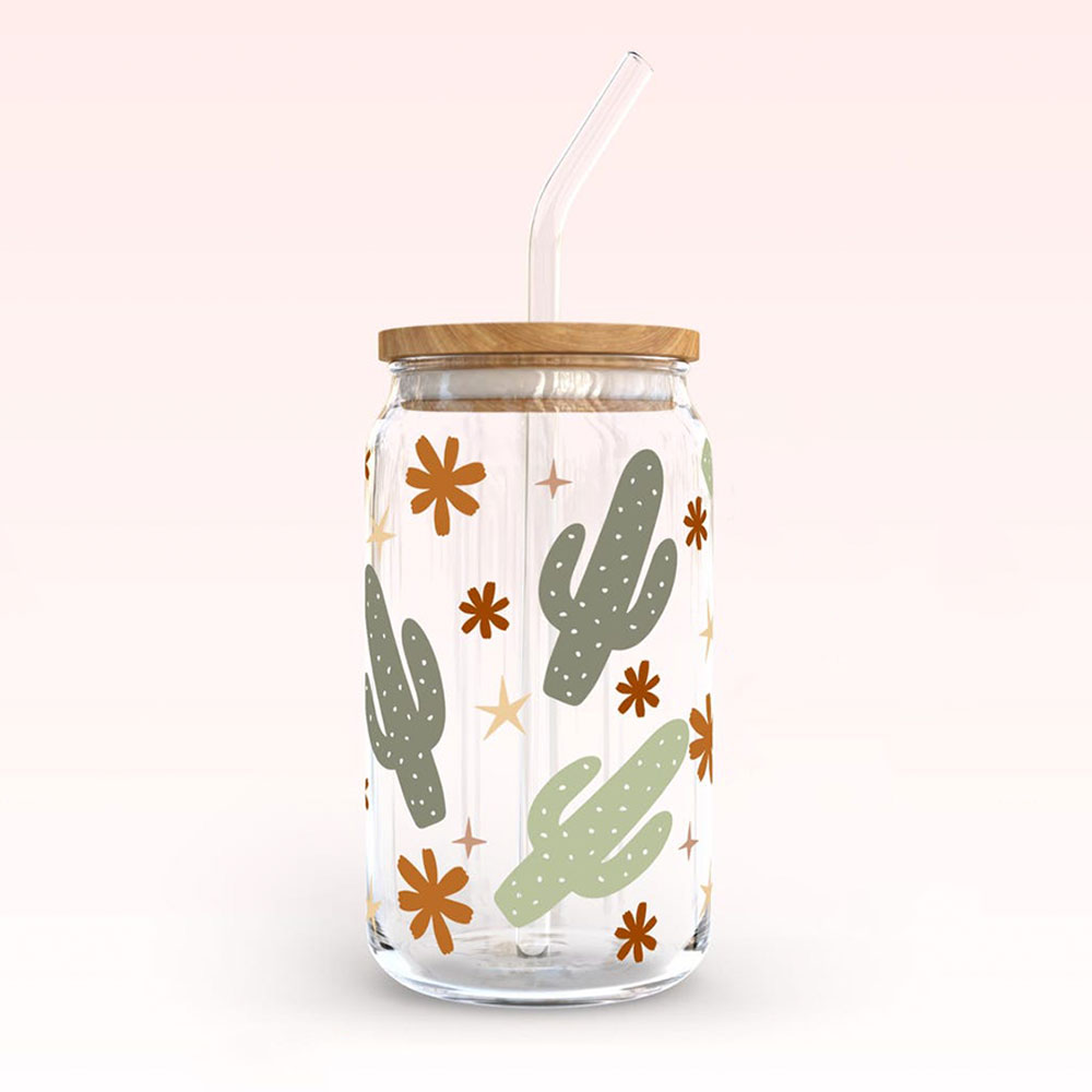Cactus Bloom Desert Vibes – Boho Clear Glass Can ()