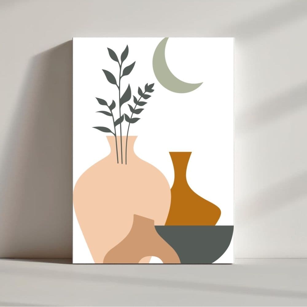 Clay Vessels and Crescent Moon – Boho Canvas Wall Art ()