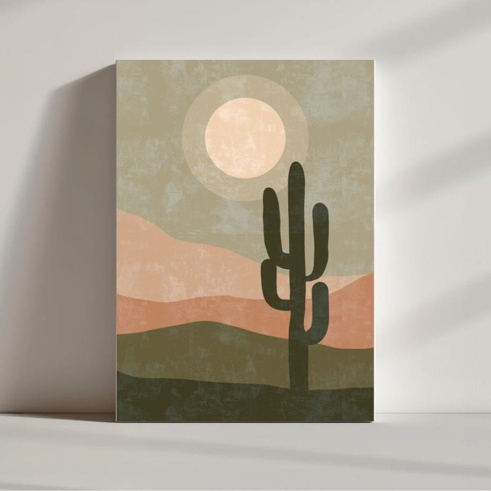 Desert Cactus & Setting Sun – Boho Minimalist Landscape Canvas Print ()