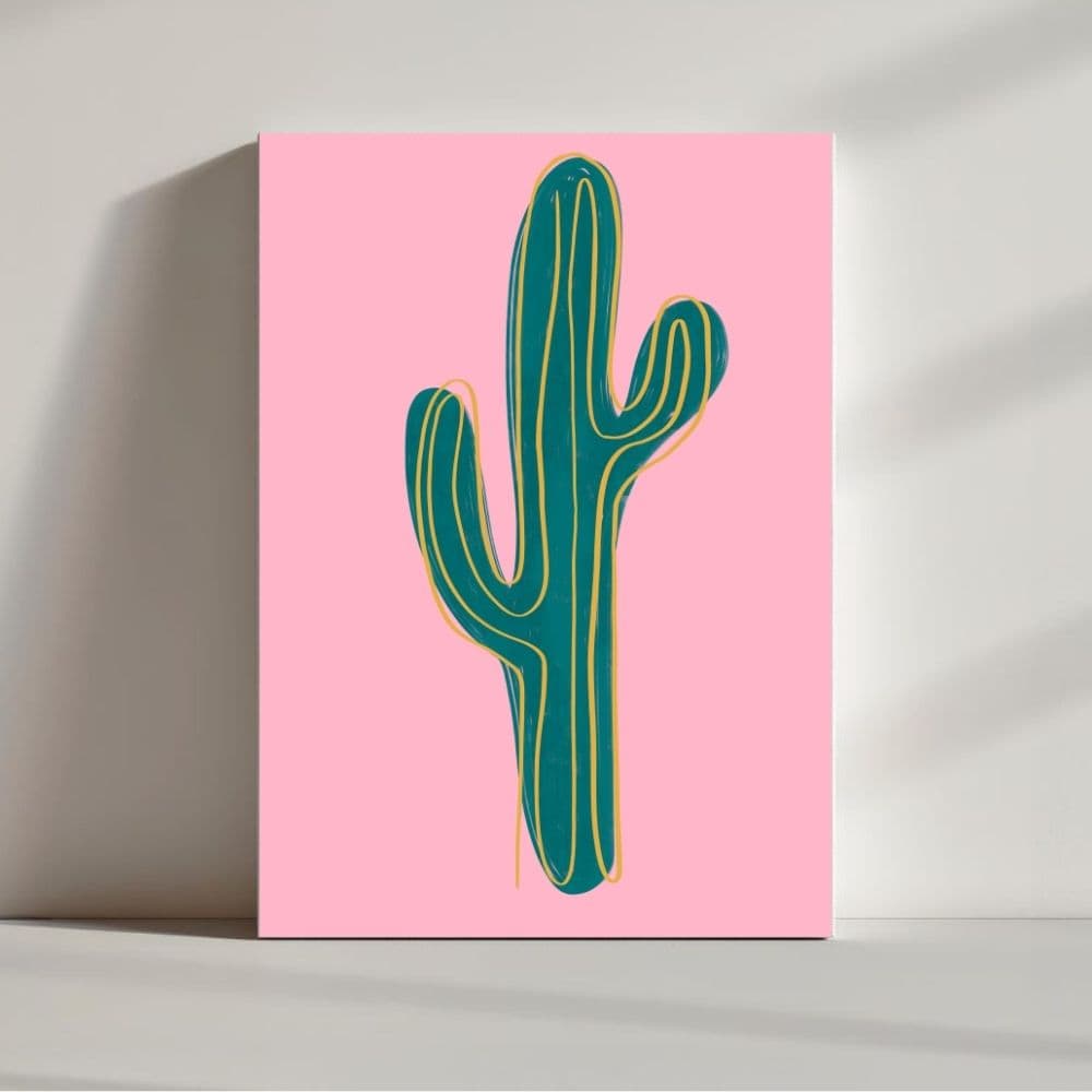 Desert Cactus on Pink Pop Background – Boho Canvas Wall Art ()
