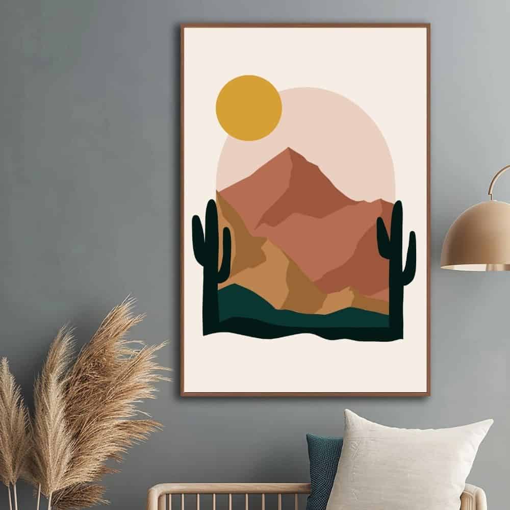 Desert Sunset with Cactus Landscape – Boho Canvas Wall Art ()
