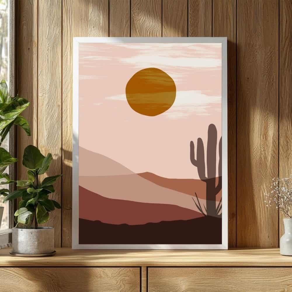 Desert Sunset with Cactus Silhouette – Boho Canvas Wall Art ()