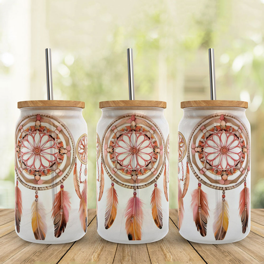 Dreamcatcher Spirit in Earthy Feathers – Boho Clear Glass Can