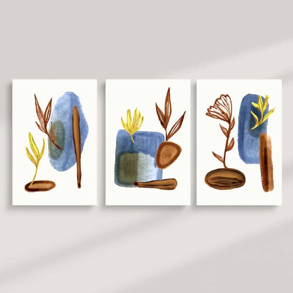Earth & Indigo Botanical Forms – Boho Canvas Wall Art ()