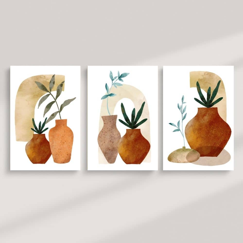 Earthen Vessels & Olive Leaves – Boho Canvas Wall Art ()