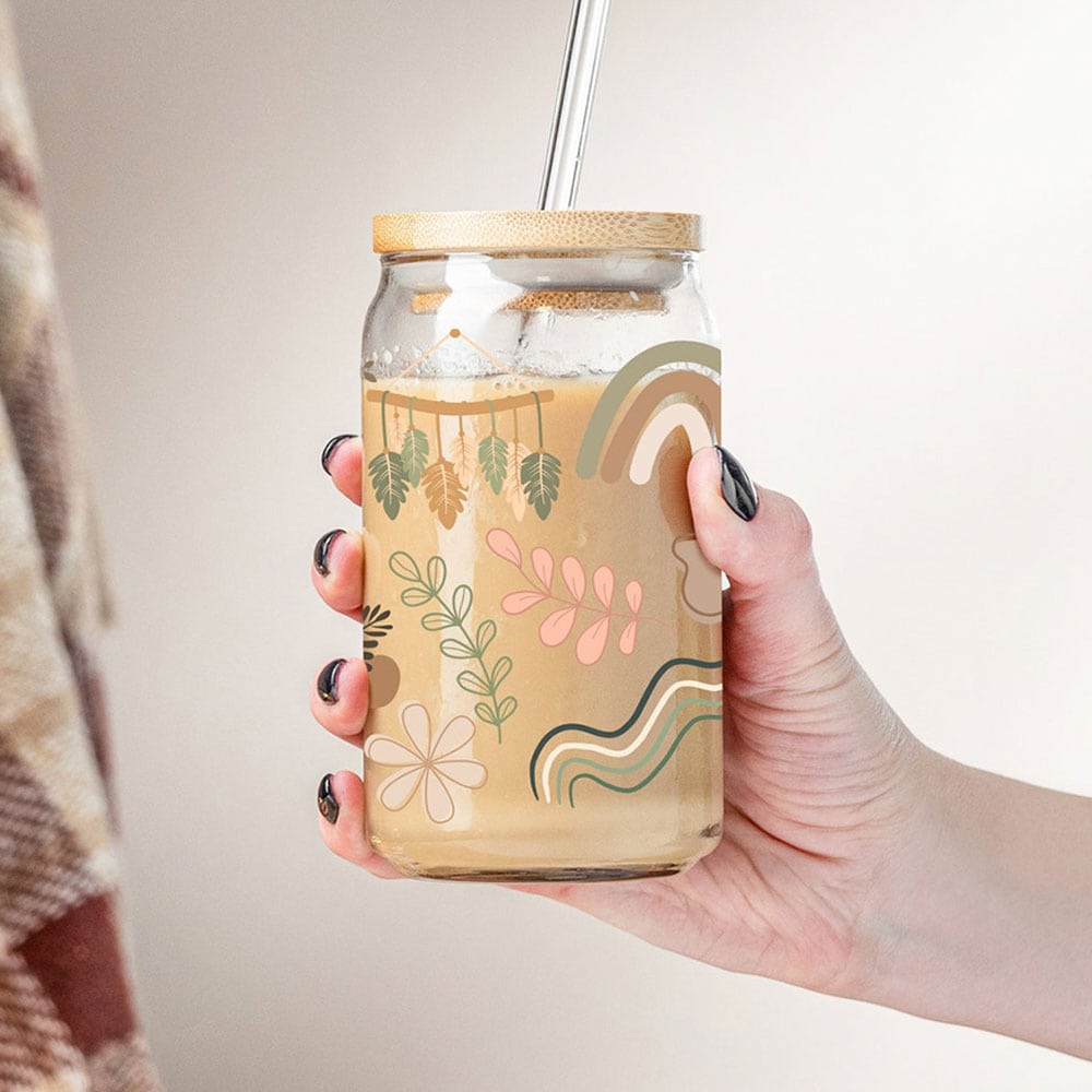 Earthy Rainbows & Leaves – Boho Clear Glass Can ()