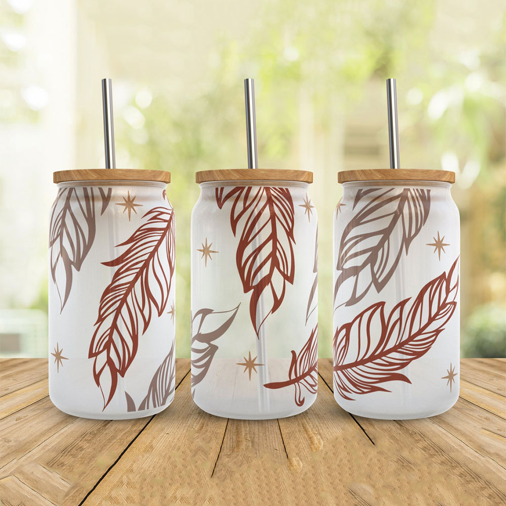 Floating Feathers in Terracotta Tones – Boho Clear Glass Can