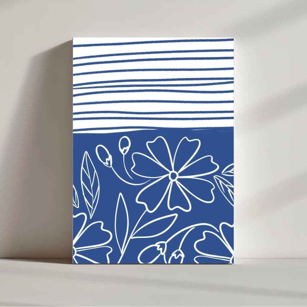 Floral Lines in Indigo Harmony – Boho Canvas Wall Art ()