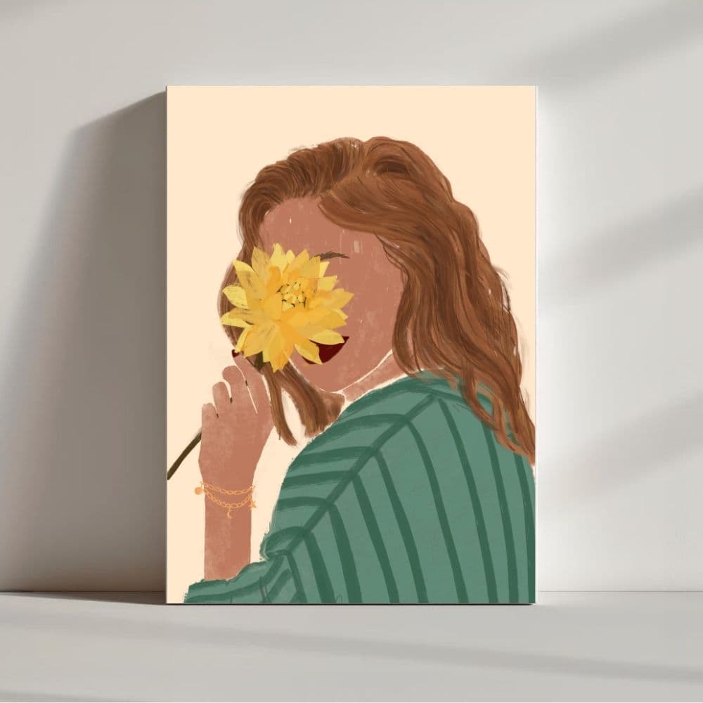 Girl with Golden Flower Smile – Boho Canvas Wall Art ()