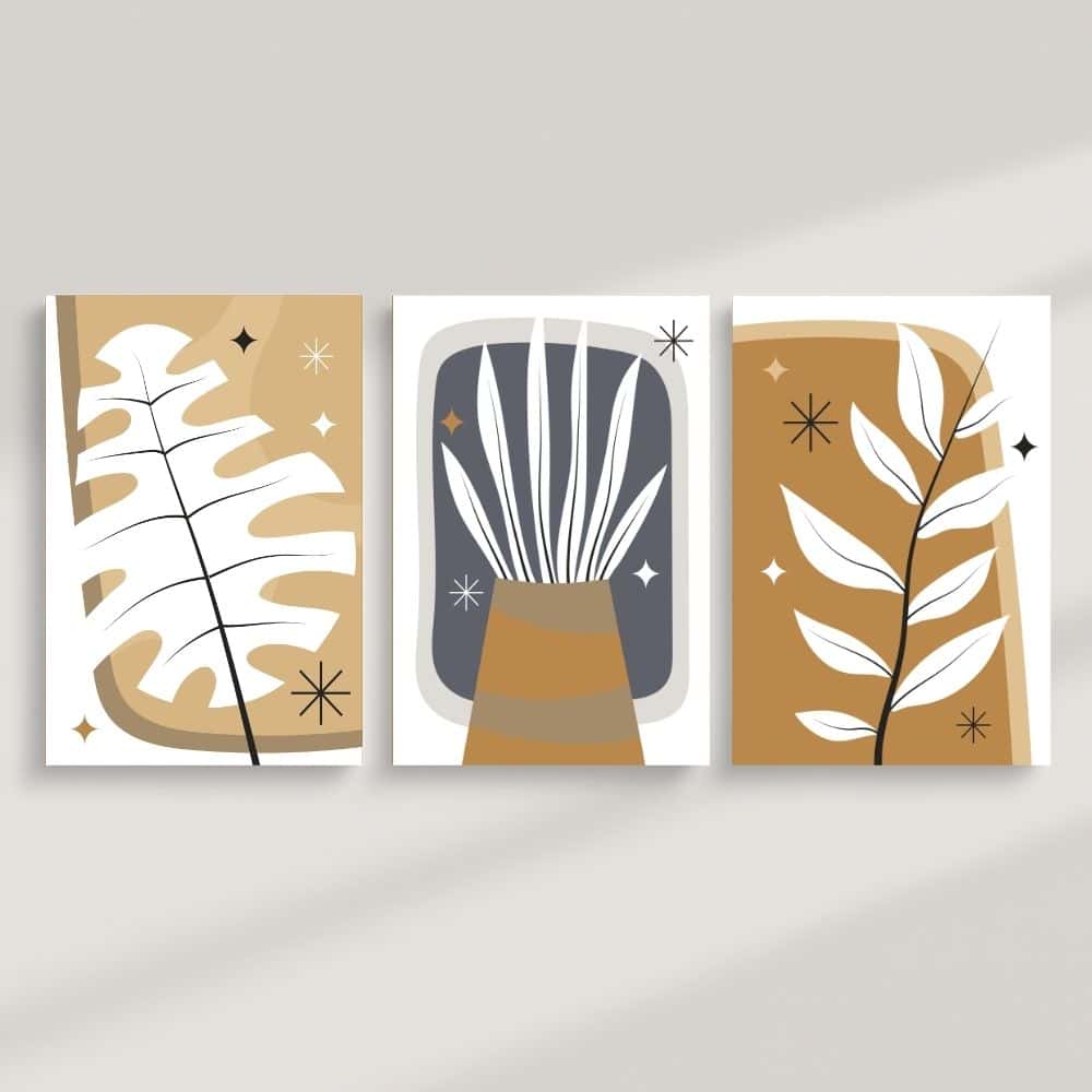 Golden Botanical Silhouettes & Star Accents – Boho Canvas Wall Art ()