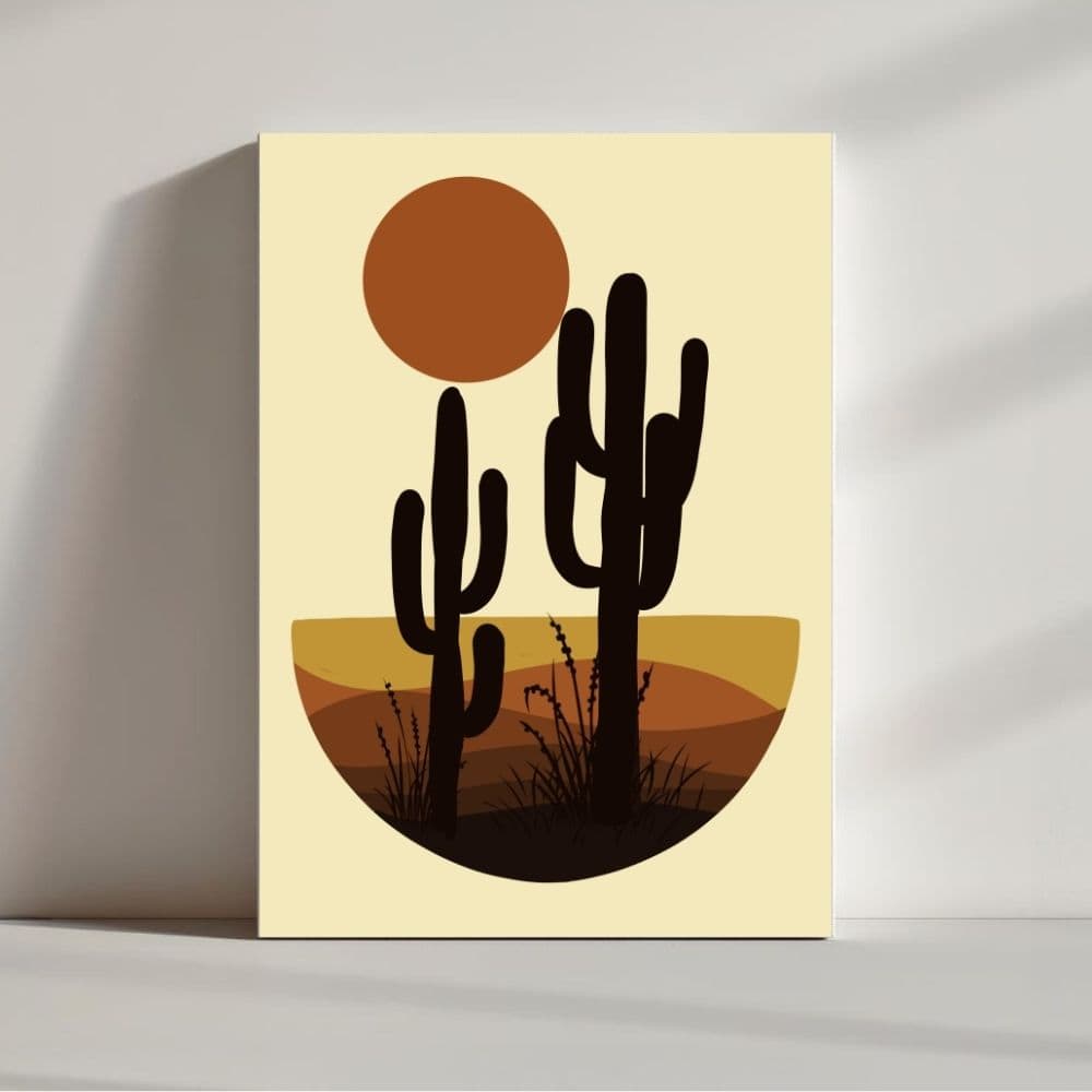 Golden Desert Sunset – Minimalist Cactus Boho Wall Art Canvas ()