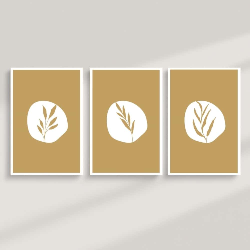 Golden Minimal Leaf Trio – Boho Canvas Wall Art ()