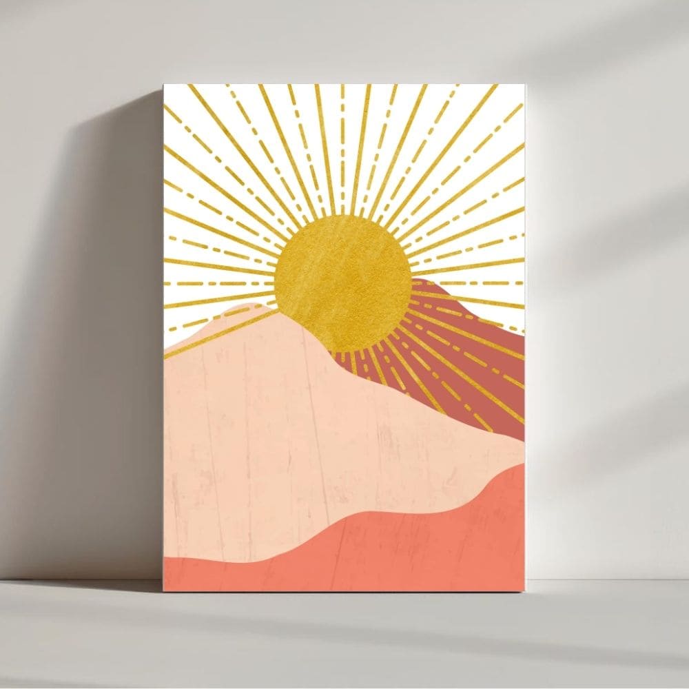 Golden Sunrise Over Desert Peaks – Boho Canvas Wall Art ()