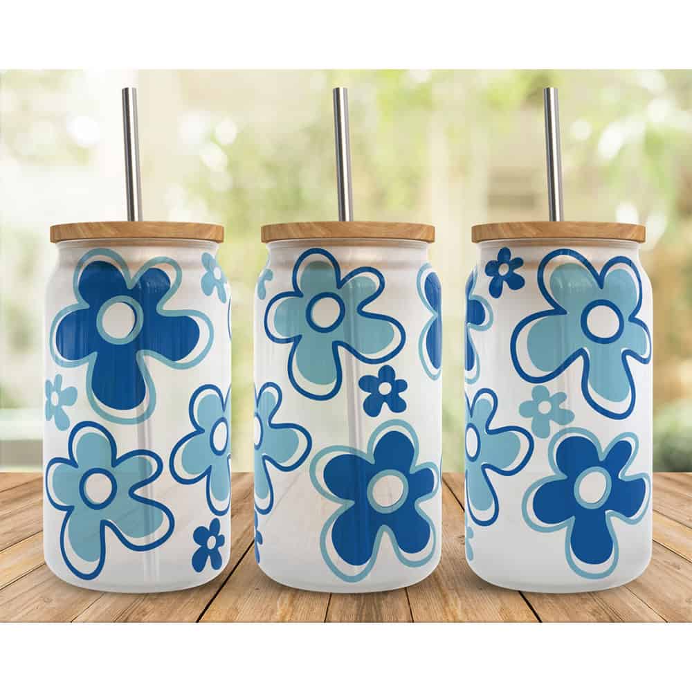 Groovy Blue Retro Flowers – Boho Clear Glass Can