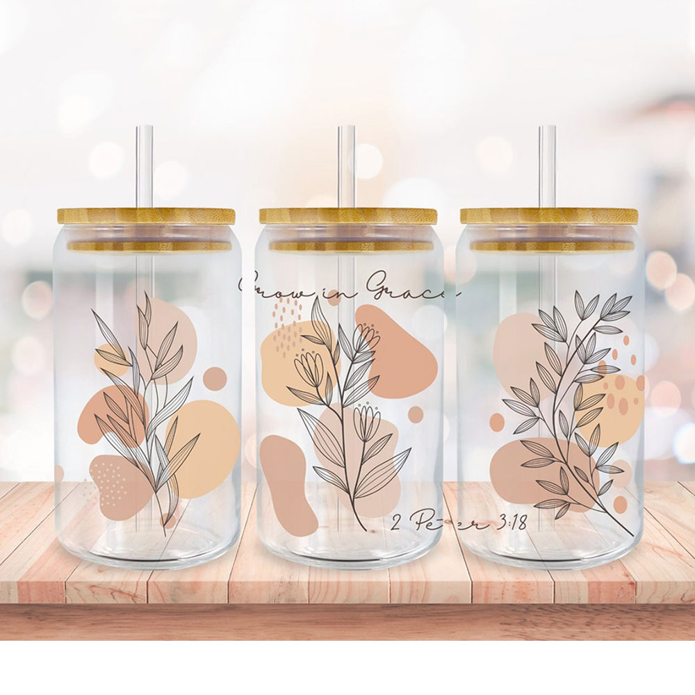 Grow in Grace Floral Scripture Art – Boho Clear Glass Can ()