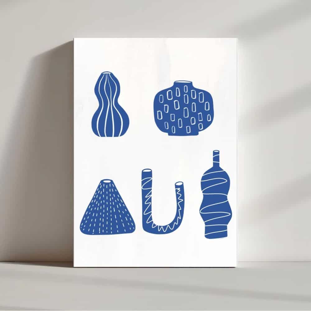 Hand Drawn Ceramic Shapes in Blue – Boho Canvas Wall Art ()