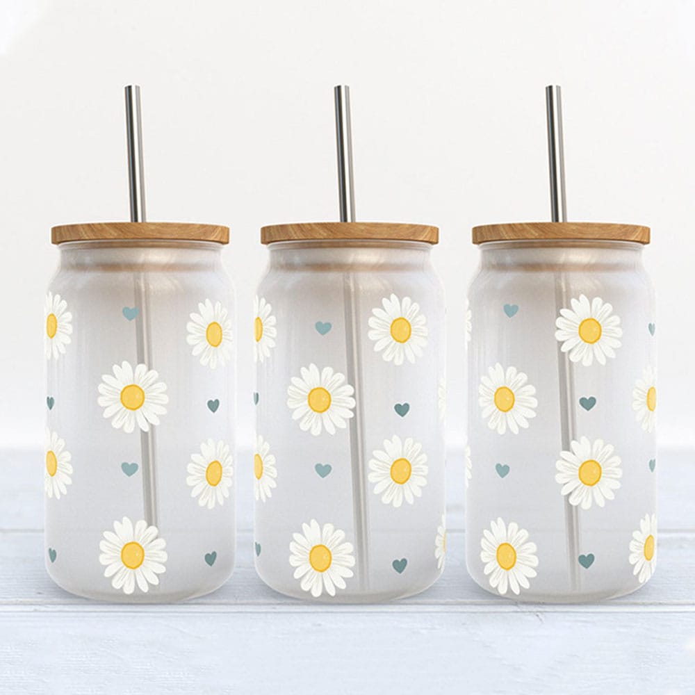 Happy Daisies & Blue Hearts Pattern – Boho Clear Glass Can