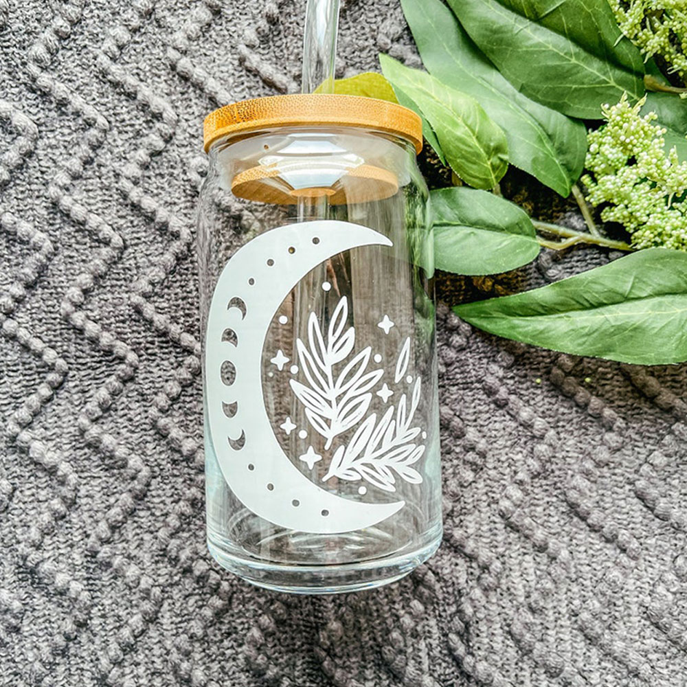 Lunar Phases & Botanical Magic – Boho Clear Glass Can ()