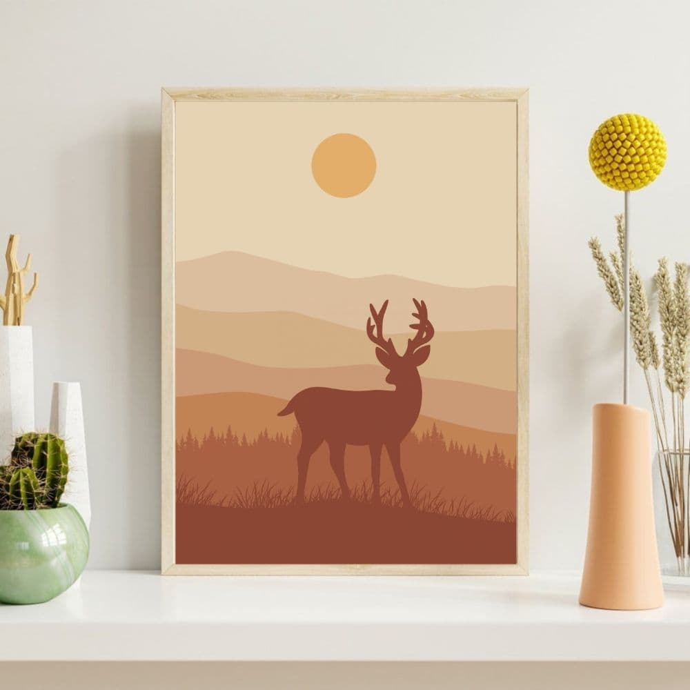 Majestic Deer in Sunset Mountains – Boho Canvas Wall Art ()