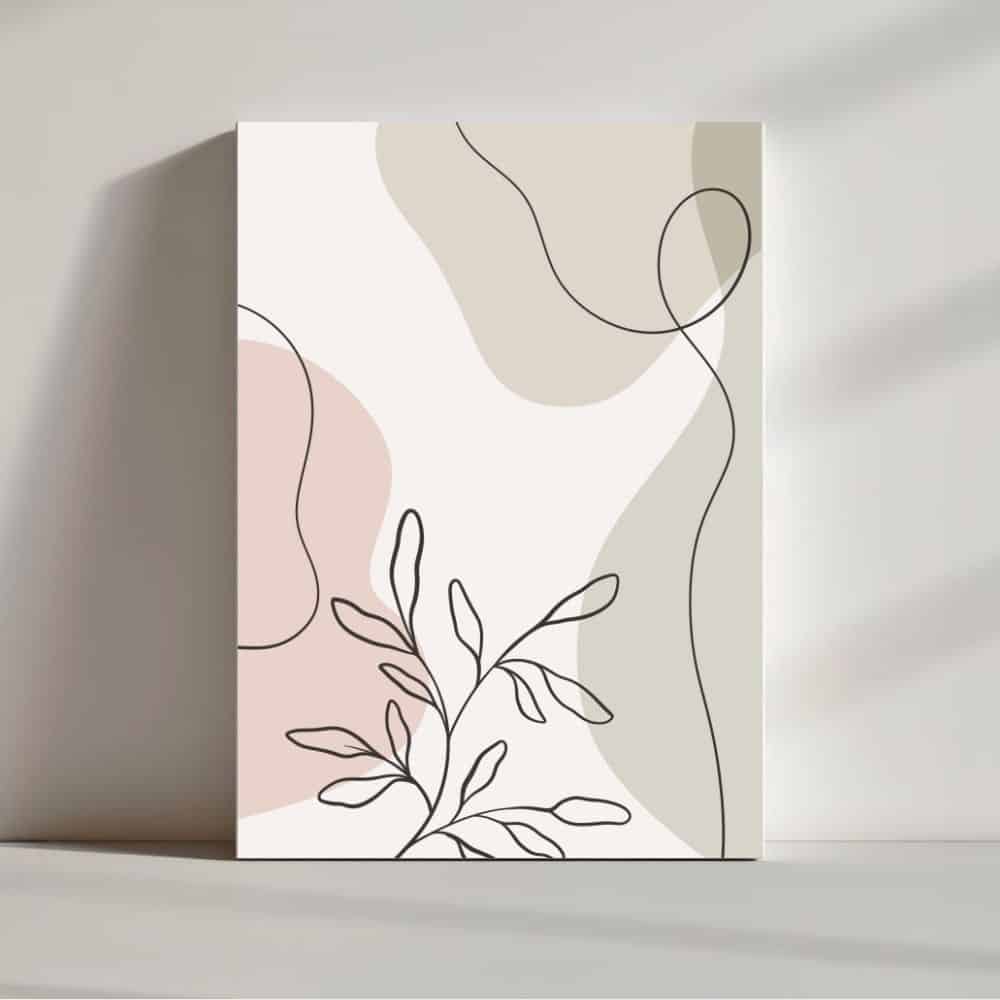 Minimal Line Leaves on Soft Shapes – Boho Canvas Wall Art ()