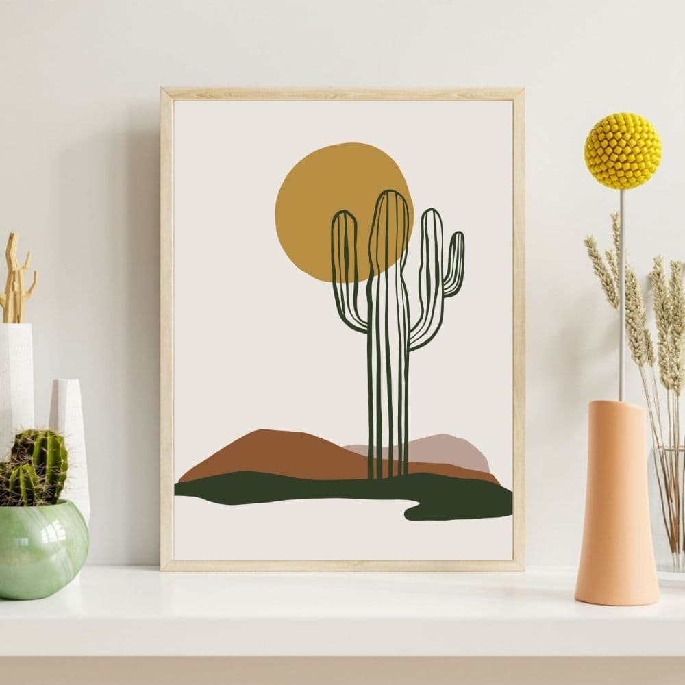 Minimalist Cactus Under Desert Sun – Boho Canvas Wall Art ()