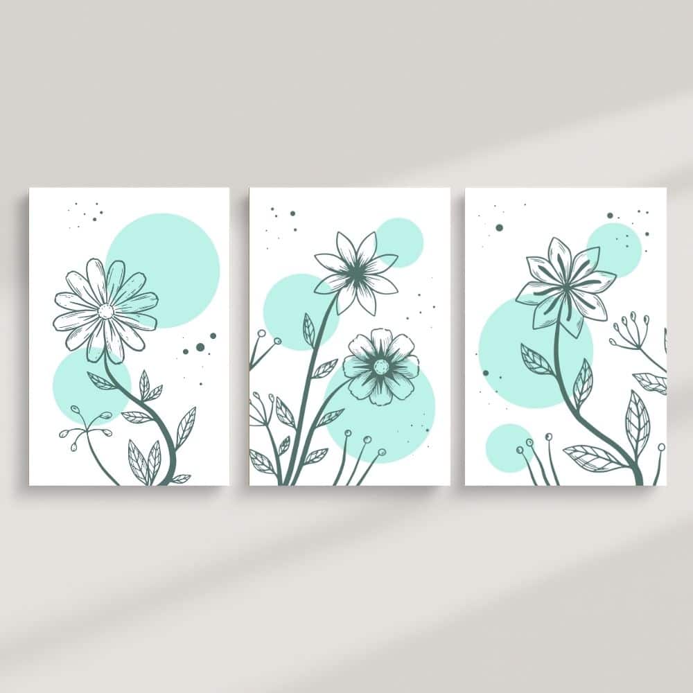 Mint Bloom Botanical Line Set – Boho Canvas Wall Art ()