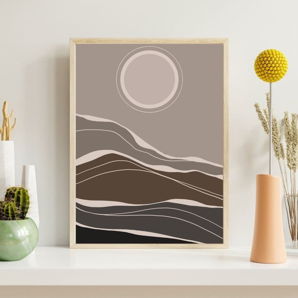 Monochrome Moonrise Over Wavy Hills – Boho Canvas Wall Art ()