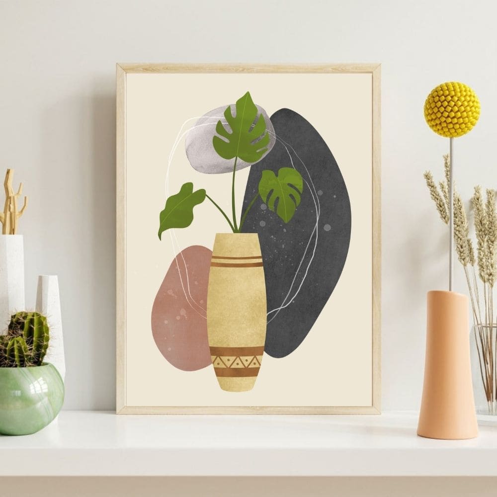 Monstera in Tribal Vase with Abstract Shapes – Boho Canvas Wall Art ()
