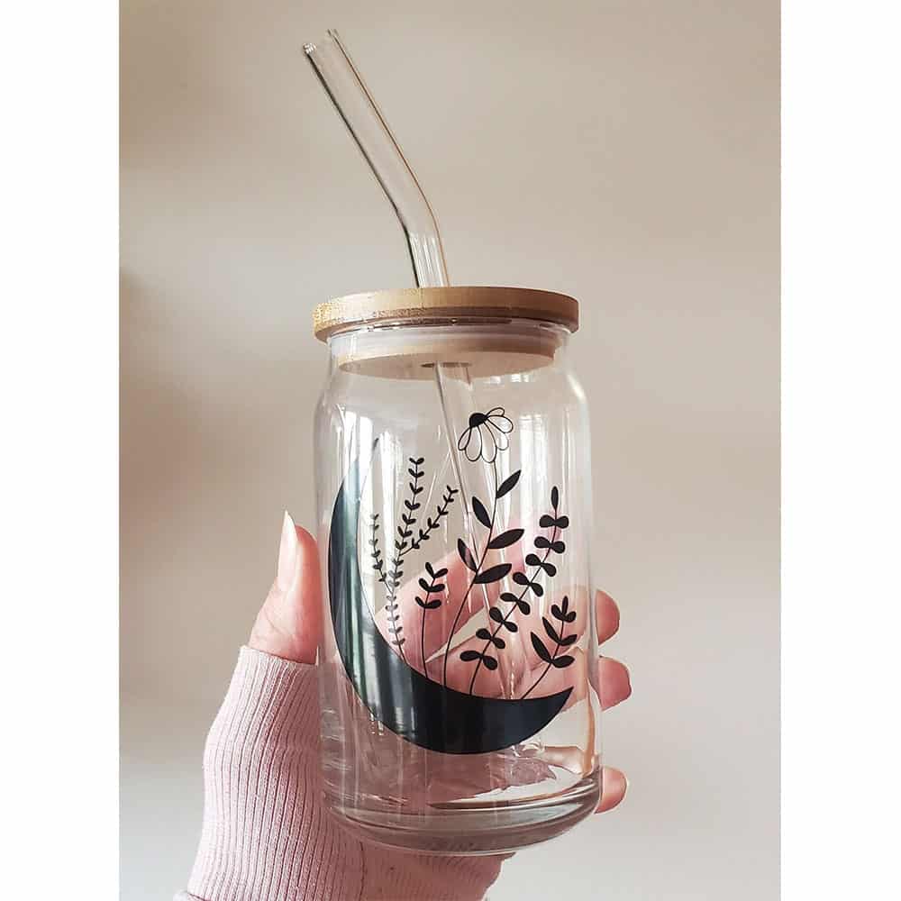 Moon Garden with Wild Florals – Boho Clear Glass Can ()