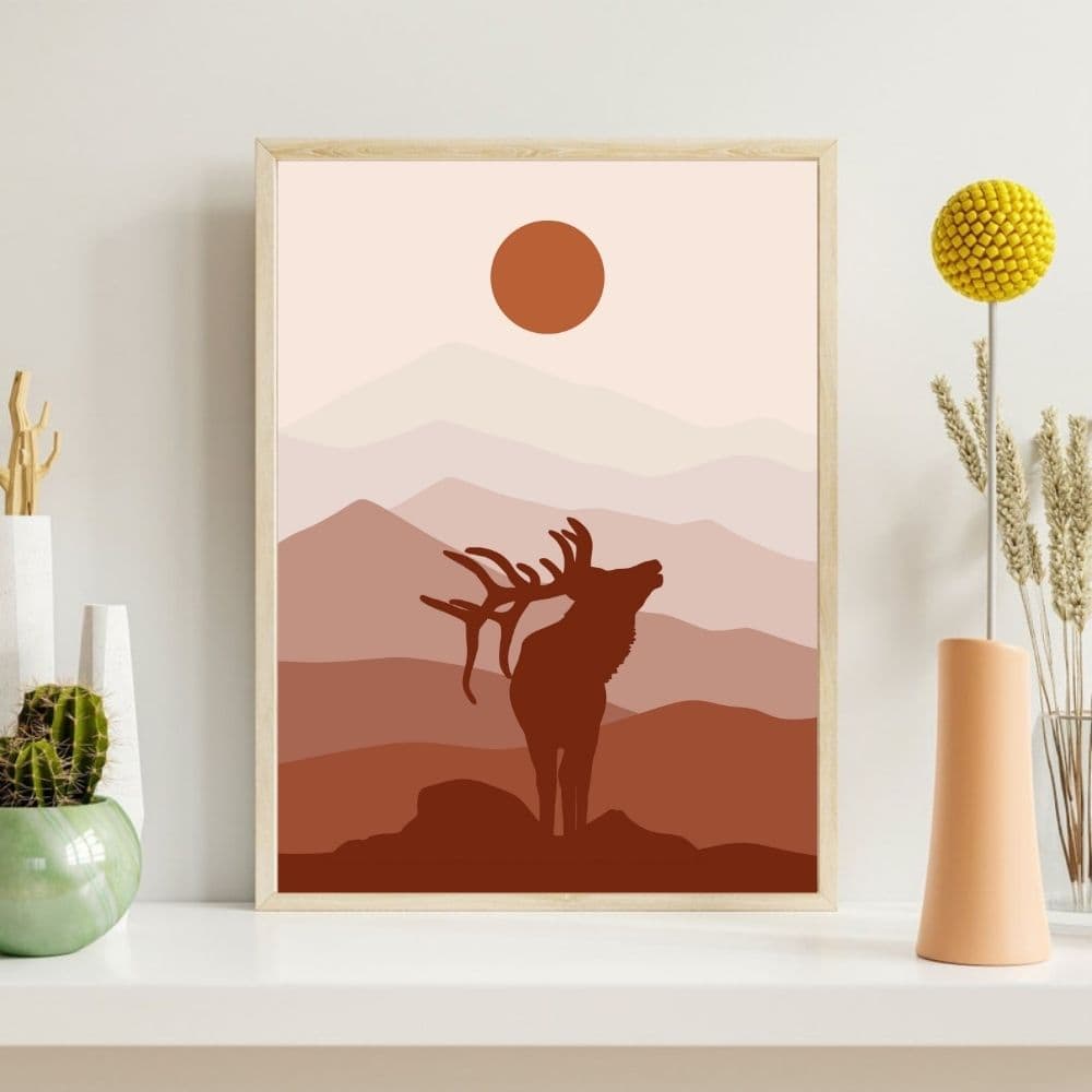 Mountain Elk Silhouette at Sunset – Boho Canvas Wall Art ()