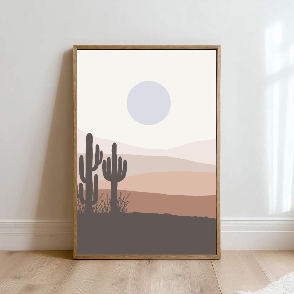 Muted Desert Horizon with Cactus Silhouettes – Boho Canvas Wall Art ()