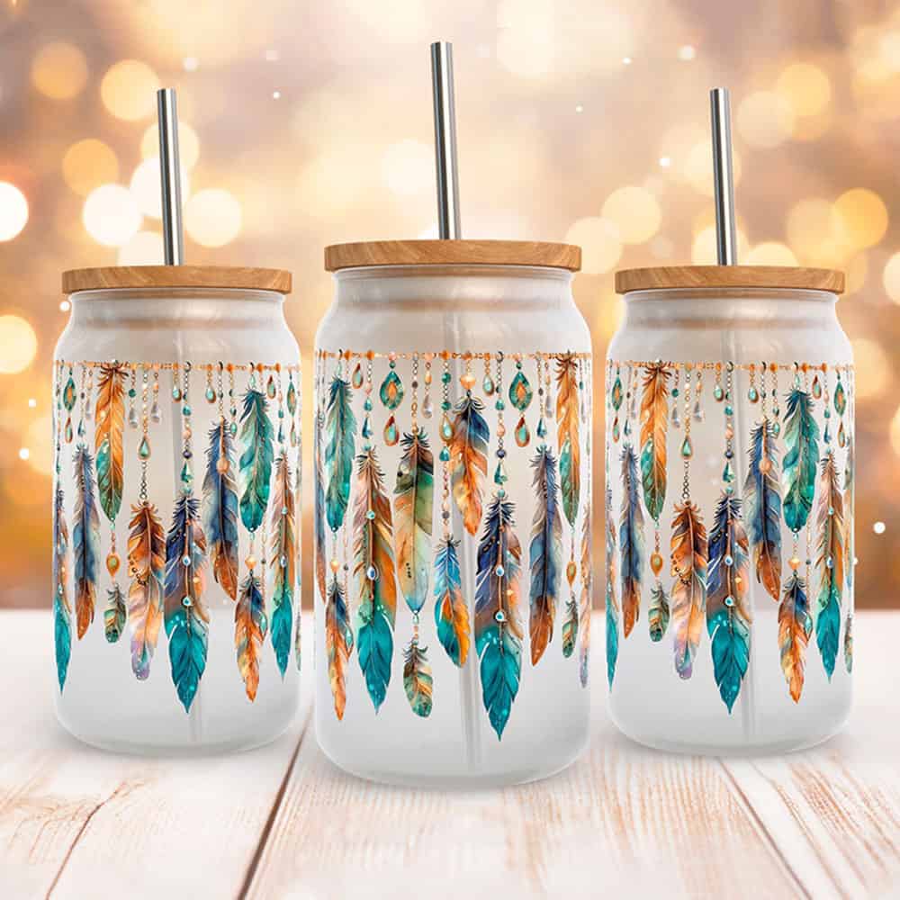 Mystic Feather Cascade – Boho Clear Glass Can