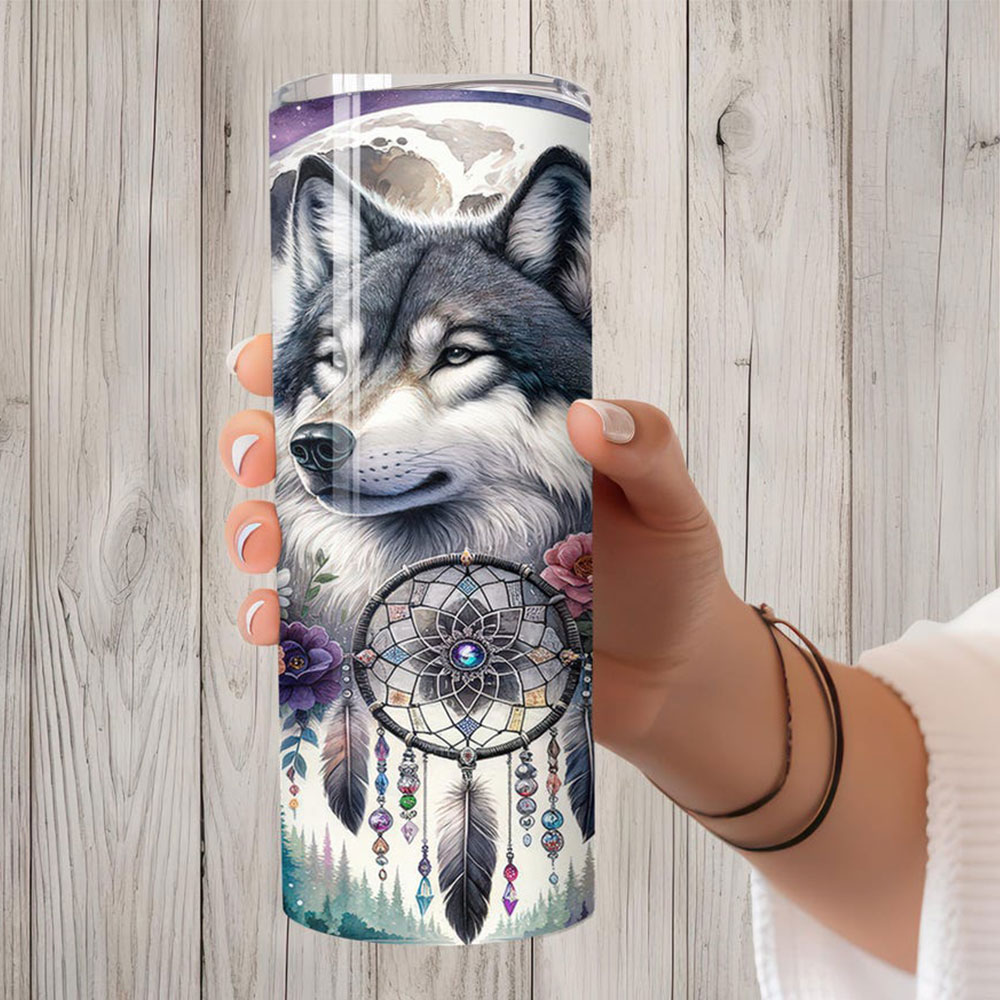 Mystic Wolf & Moonlight Blooms – Boho Skinny Tumbler ()