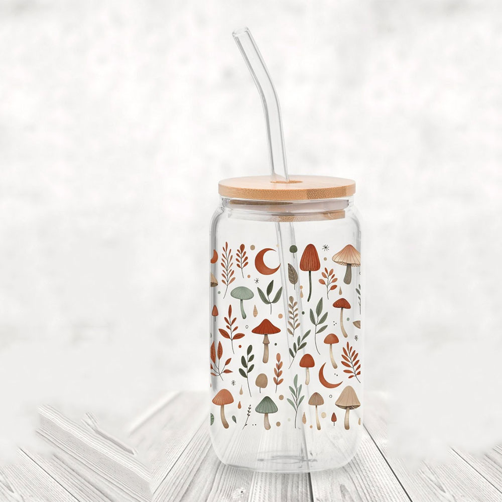 Mystical Mushrooms & Moons Forest Pattern – Boho Clear Glass Can ()
