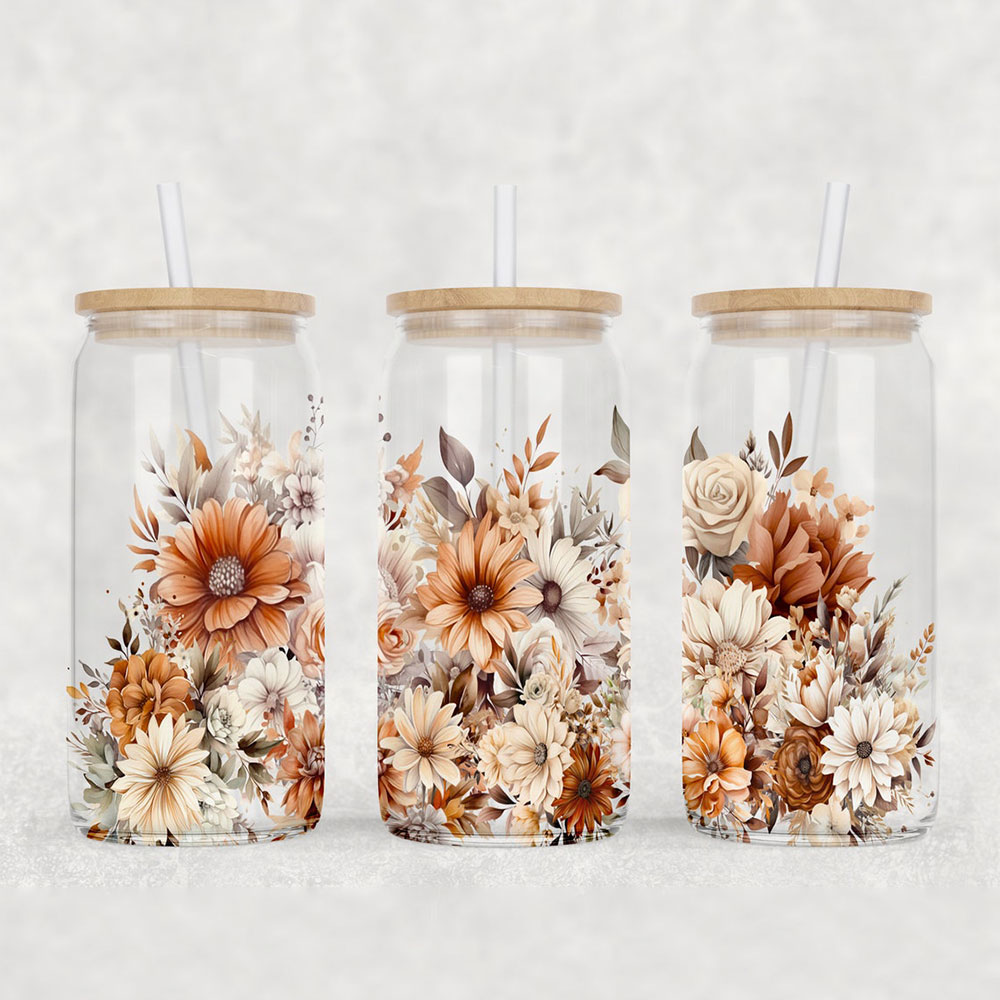 Neutral Bloom with Autumn Petals – Boho Clear Glass Can