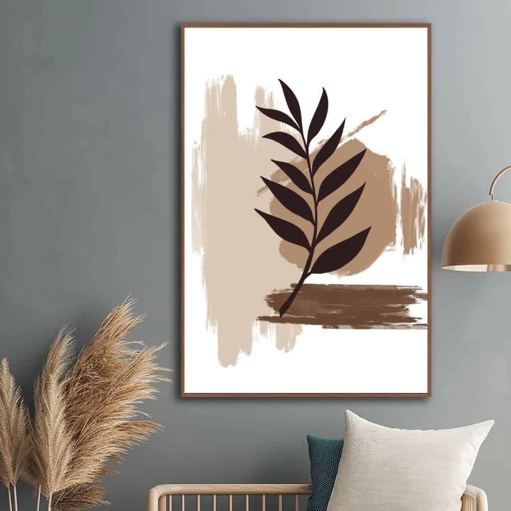 Neutral Leaf Silhouette on Brush Strokes – Boho Canvas Wall Art ()