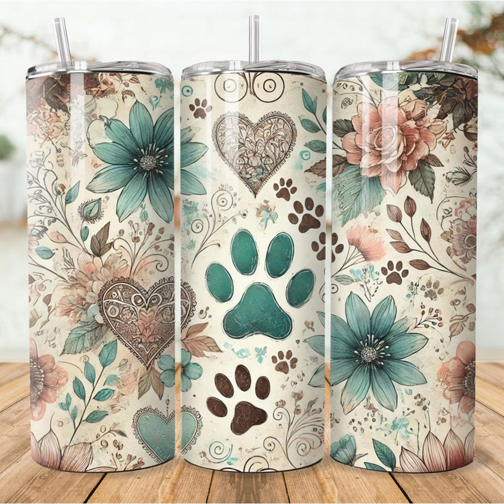 Paw Prints & Floral Heart Whimsy – Boho Skinny Tumbler