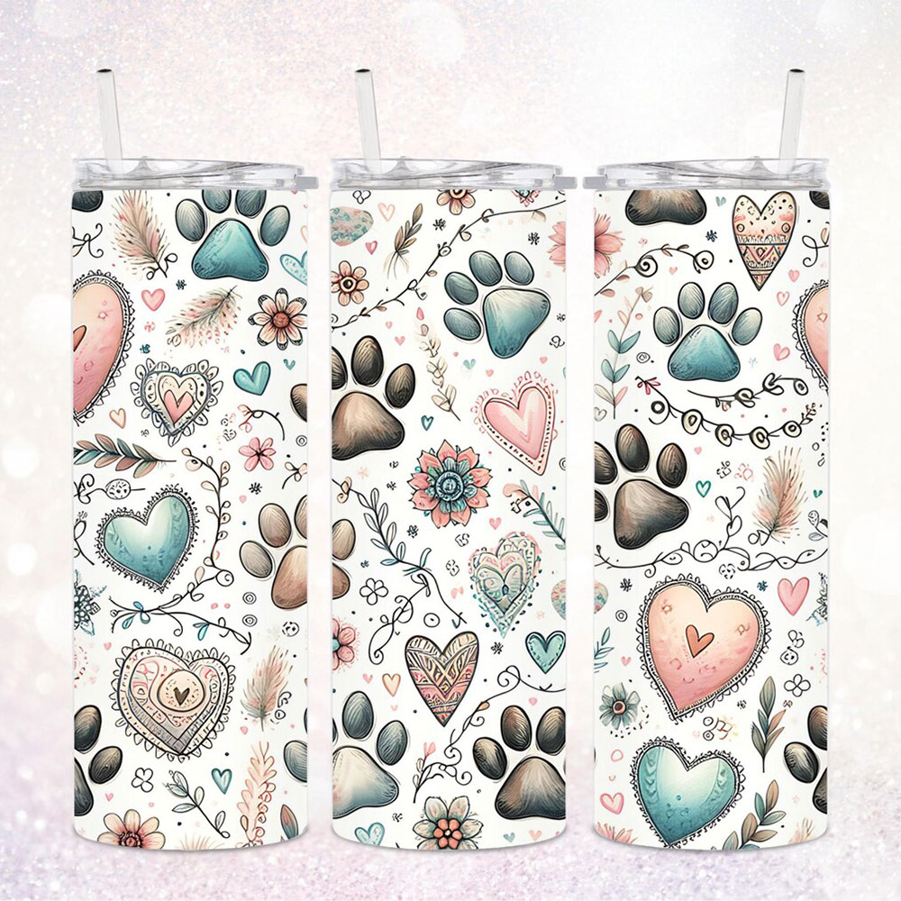 Paw Prints & Pastel Hearts Love – Boho Skinny Tumbler